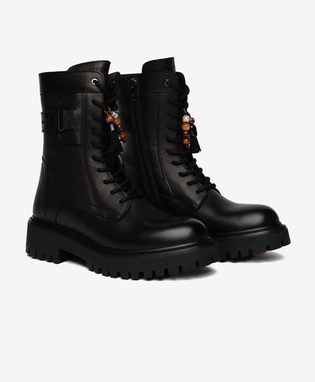 Kadın Siyah Hakiki Deri Military Bot