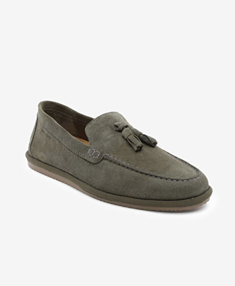 Erkek Haki Hakiki Deri Loafer Ayakkabı