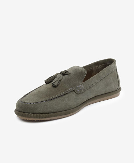 Erkek Haki Hakiki Deri Loafer Ayakkabı