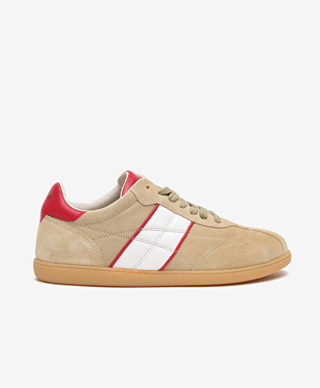 Erkek Bej Kırmızı Hakiki Deri Sneaker Ayakkabı