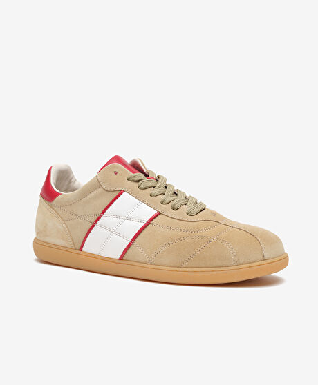 Erkek Bej Kırmızı Hakiki Deri Sneaker Ayakkabı