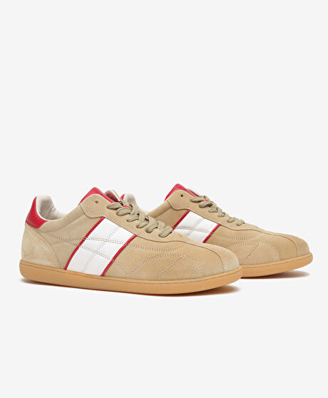 Erkek Bej Kırmızı Hakiki Deri Sneaker Ayakkabı