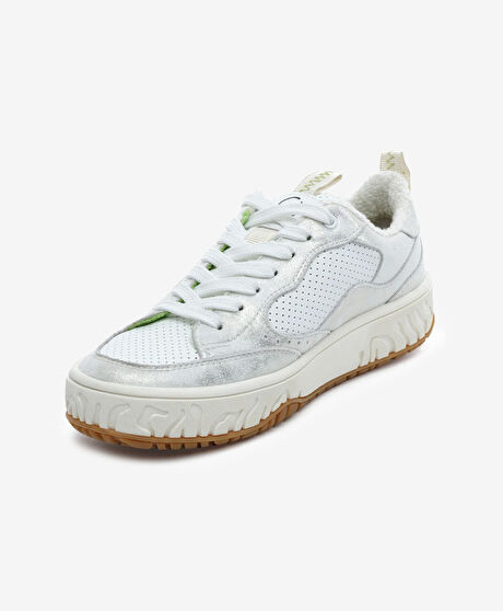 Kadın Beyaz Gümüş Hakiki Deri Sneaker Ayakkabı