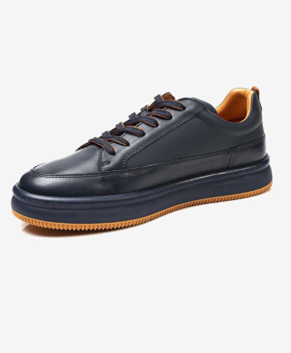 Erkek Lacivert Hakiki Deri Sneaker Ayakkabı