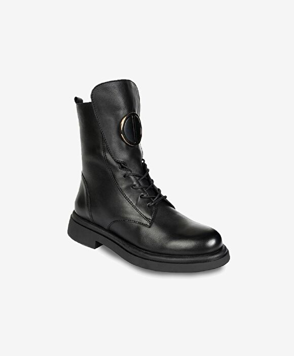 Kadın Siyah Hakiki Deri Military Bot