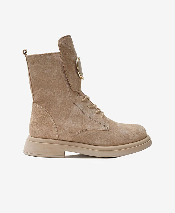 Kadın Bej Hakiki Deri Military Bot