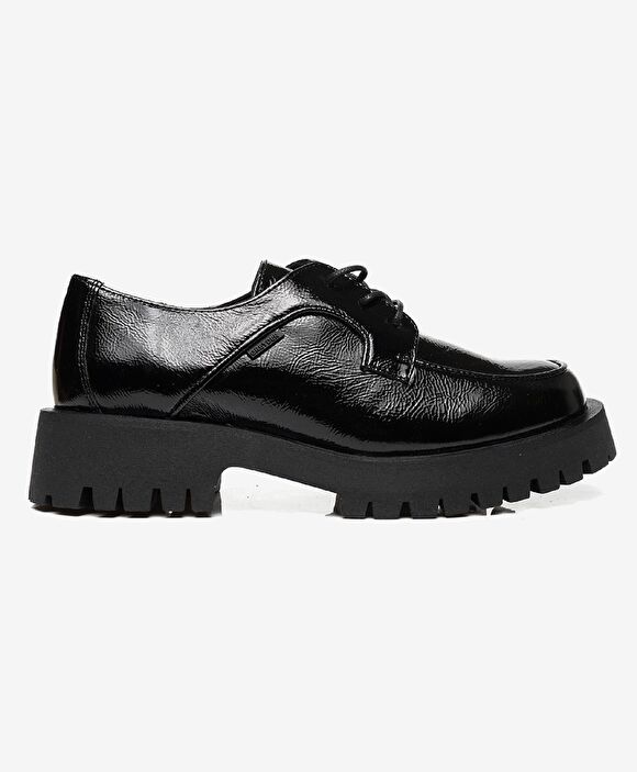 Kadın Siyah Kırışık Rugan Hakiki Deri Oxford Ayakkabı