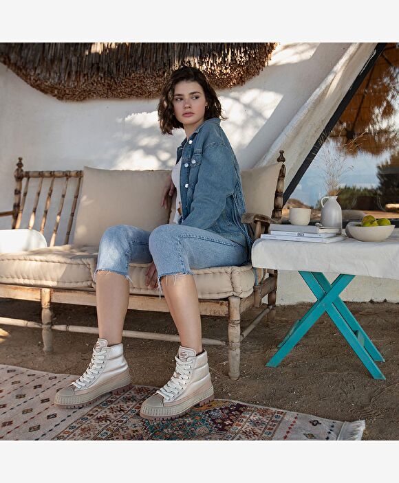 Kadın Ekru Hakiki Deri Sneaker Bot