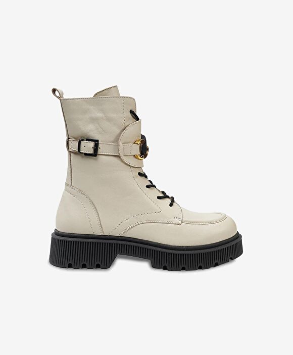 Kadın Ekru Hakiki Deri Military Bot