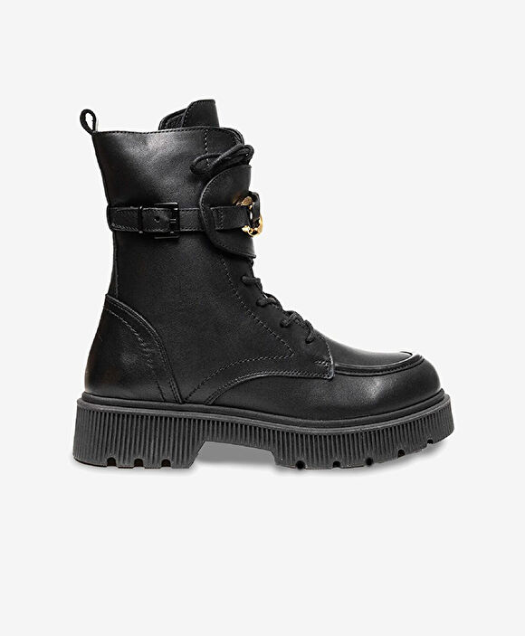 Kadın Siyah Hakiki Deri Memory Foam Taban Military Bot