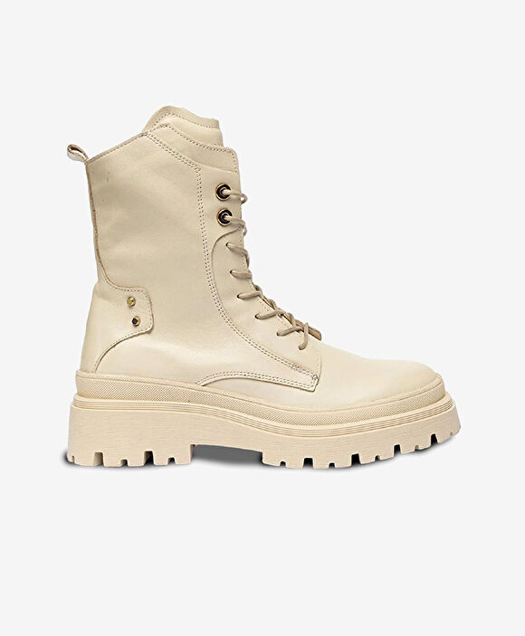 Kadın Ekru Hakiki Deri Military Bot