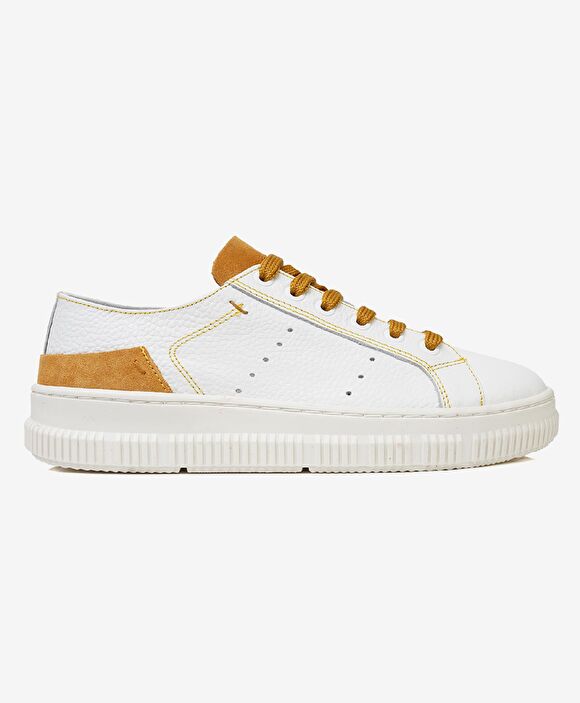 Kadın Beyaz Hardal Hakiki Deri Sneaker Ayakkabı