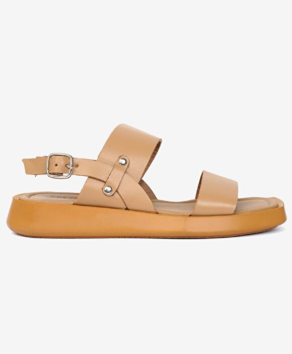 Kadın Krem Hakiki Deri Sandalet