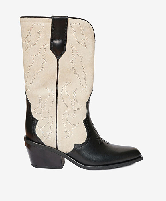 Kadın Siyah Bej Hakiki Deri Topuklu Çizme