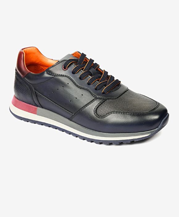 Erkek Lacivert Hakiki Deri Sneaker Ayakkabı