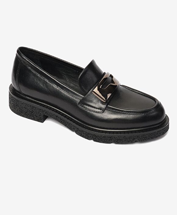 Kadın Parlak Siyah Hakiki Deri Memory Foam Taban Loafer Ayakkabı