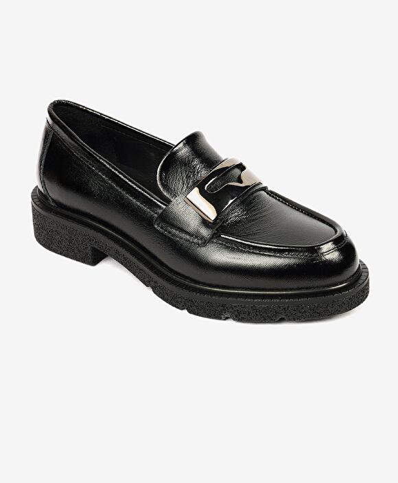 Kadın Parlak Siyah Hakiki Deri Memory Foam Taban Loafer Ayakkabı