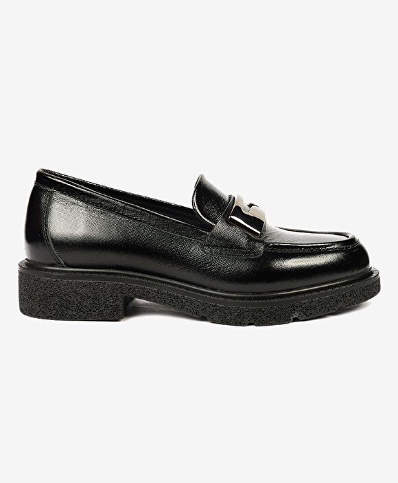 Kadın Parlak Siyah Hakiki Deri Memory Foam Taban Loafer Ayakkabı