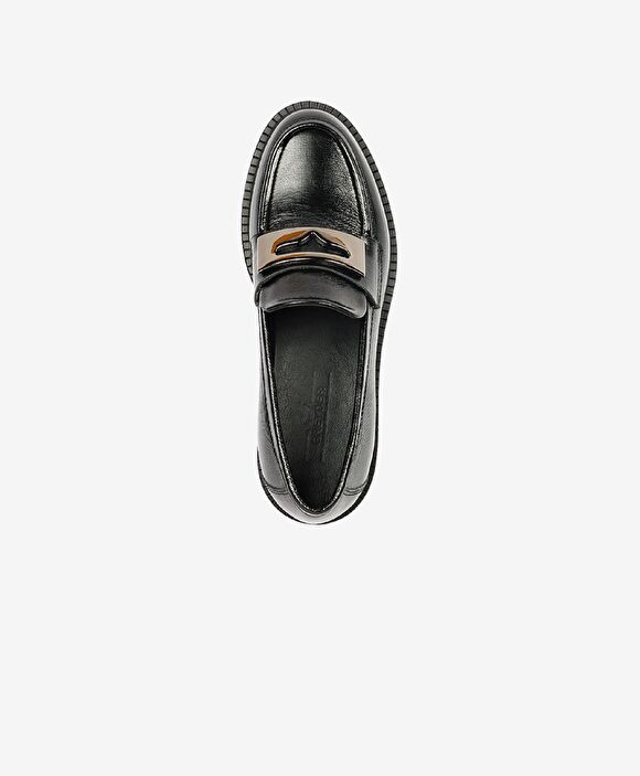 Kadın Parlak Siyah Hakiki Deri Memory Foam Taban Loafer Ayakkabı