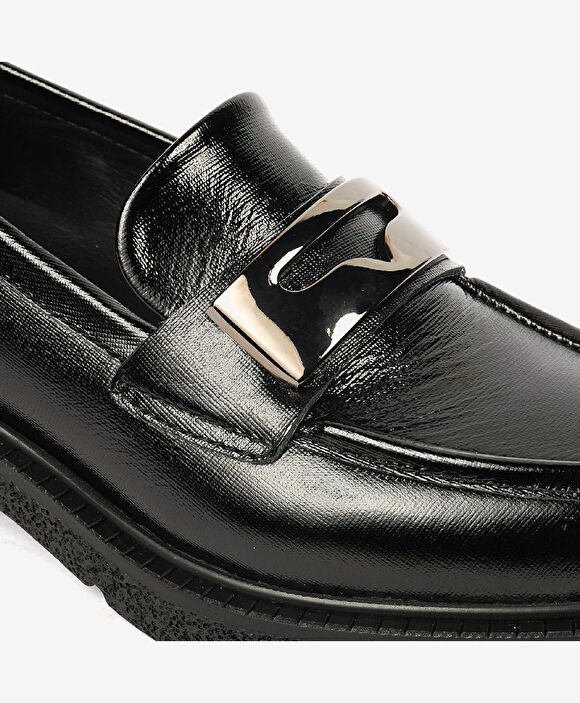 Kadın Parlak Siyah Hakiki Deri Memory Foam Taban Loafer Ayakkabı