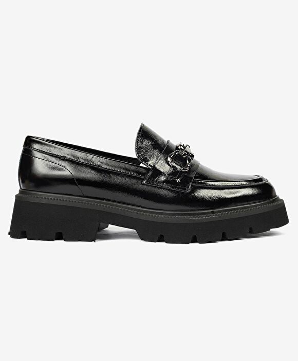 Kadın Siyah Kırışık Rugan Hakiki Deri Loafer Ayakkabı