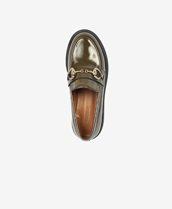 Kadın Haki Kırışık Rugan Hakiki Deri Loafer Ayakkabı