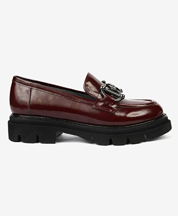 Kadın Bordo Kırışık Rugan Hakiki Deri Loafer Ayakkabı