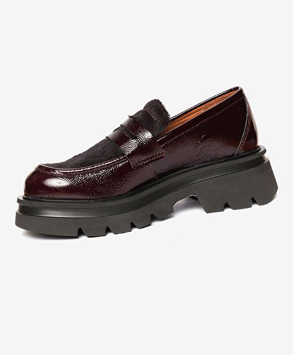 Kadın Bordo Kırışık Rugan Hakiki Deri Loafer Ayakkabı