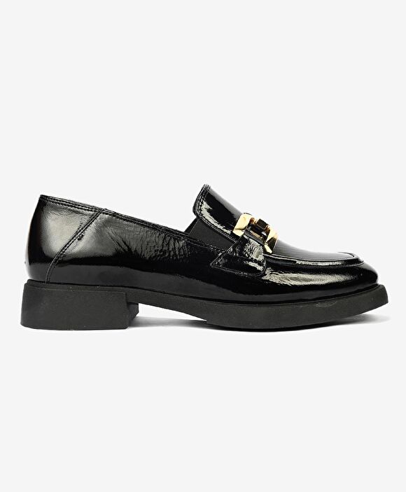 Kadın Siyah Kırışık Rugan Hakiki Deri Loafer Ayakkabı