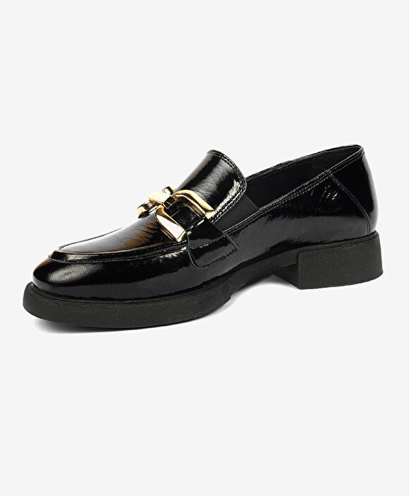 Kadın Siyah Kırışık Rugan Hakiki Deri Loafer Ayakkabı