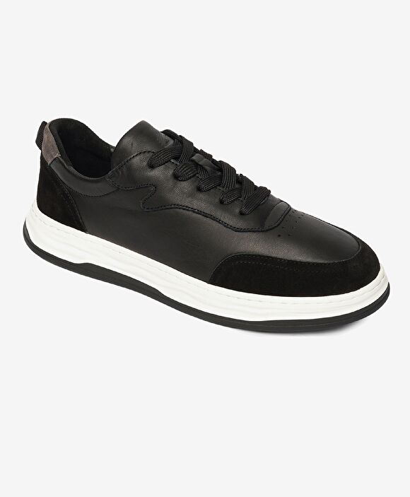 Erkek Siyah Gri Hakiki Deri Sneaker Ayakkabı