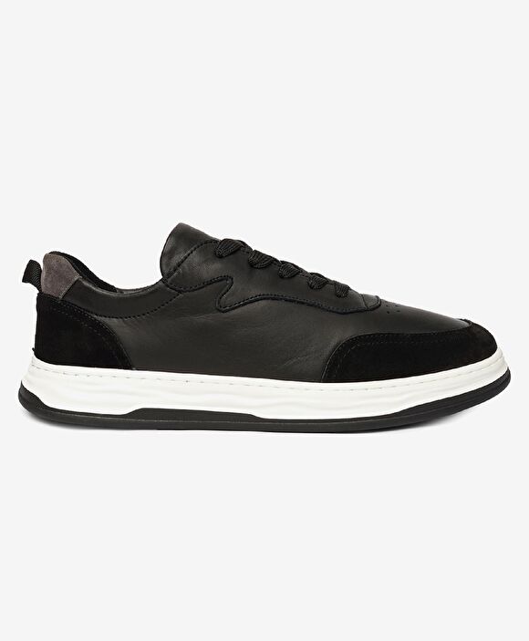 Erkek Siyah Gri Hakiki Deri Sneaker Ayakkabı