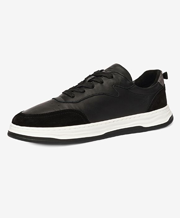 Erkek Siyah Gri Hakiki Deri Sneaker Ayakkabı
