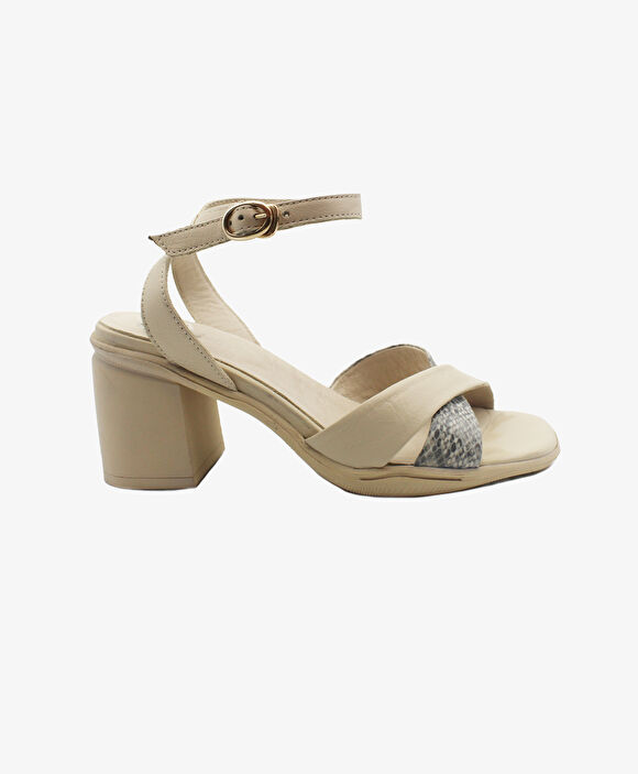 Kadın Bej Hakiki Deri Topuklu Sandalet