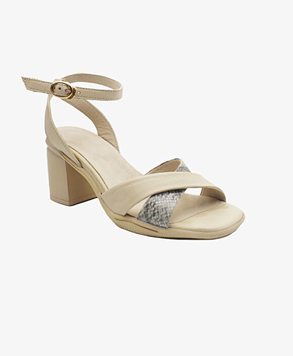 Kadın Bej Hakiki Deri Topuklu Sandalet