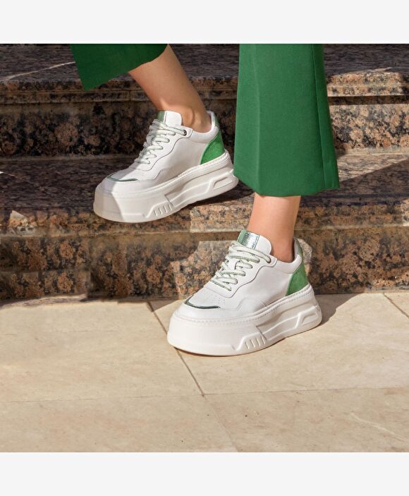 Kadın Beyaz Yeşil Hakiki Deri Sneaker Ayakkabı