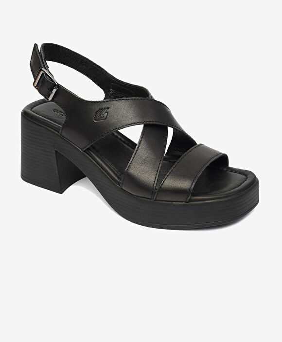 Kadın Siyah Hakiki Deri Topuklu Sandalet
