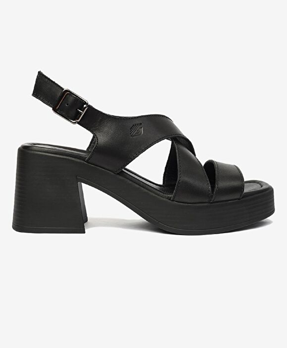Kadın Siyah Hakiki Deri Topuklu Sandalet