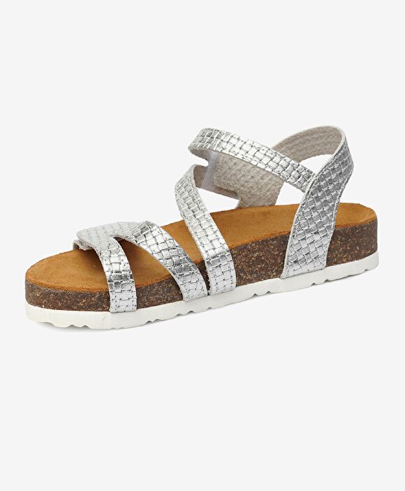 Kız Çocuk Gümüş Hakiki Deri Sandalet