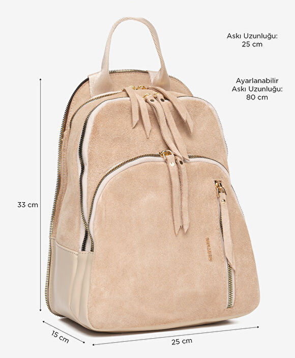 Kadın Bej Hakiki Deri Sırt Çantası