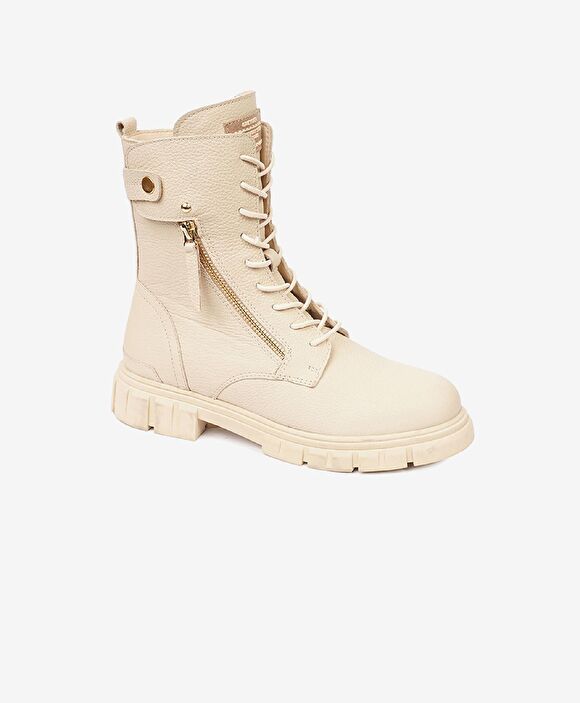 Kadın Ekru Hakiki Deri Military Bot