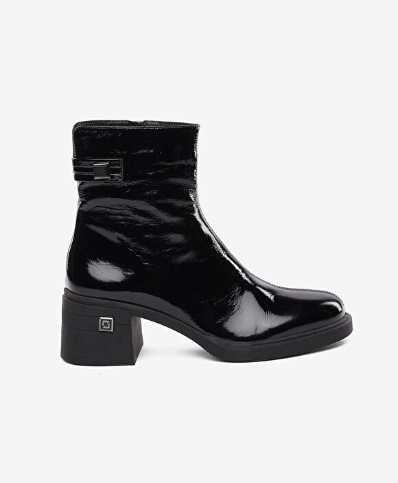 Kadın Siyah Rugan Hakiki Deri Topuklu Bot