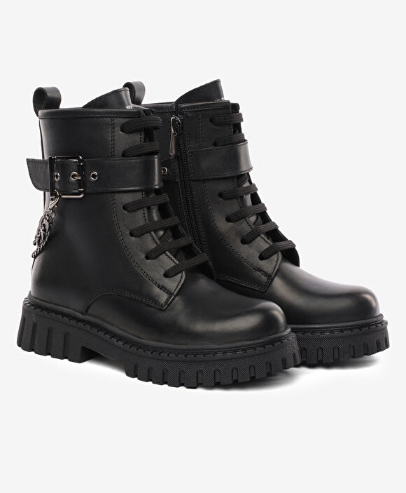 Kız Çocuk Siyah Hakiki Deri Military Bot