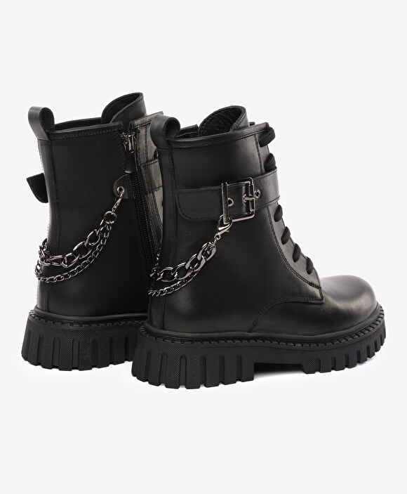 Kız Çocuk Siyah Hakiki Deri Military Bot