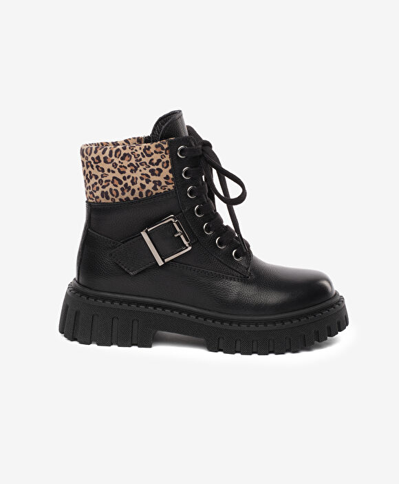 Kız Çocuk Siyah Hakiki Deri Military Bot