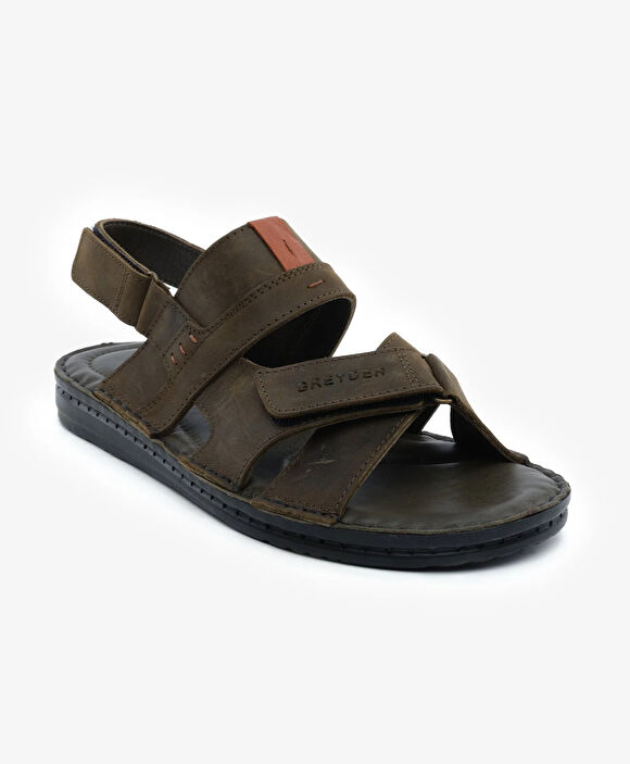 Erkek Haki Hakiki Deri Sandalet
