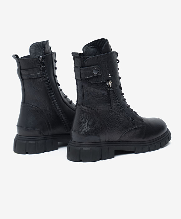 Kadın Siyah Hakiki Deri Military Bot