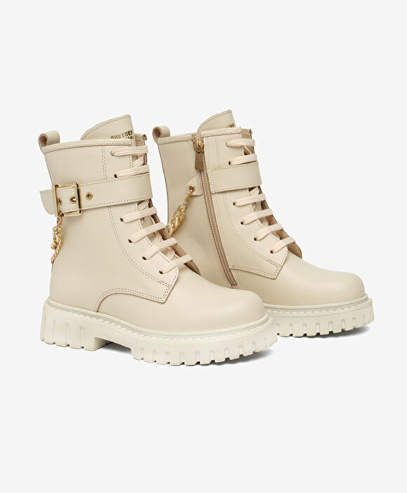 Çocuk Bej Hakiki Deri Military Bot