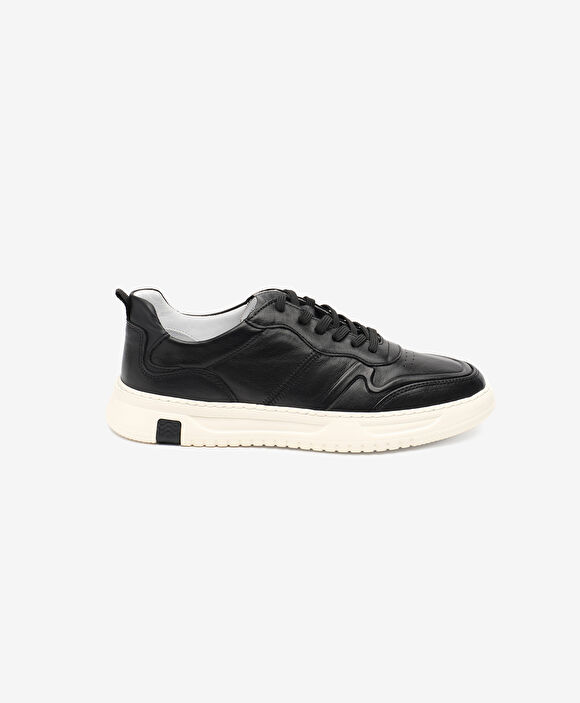 Erkek Siyah Ekru Hakiki Deri Sneaker Ayakkabı