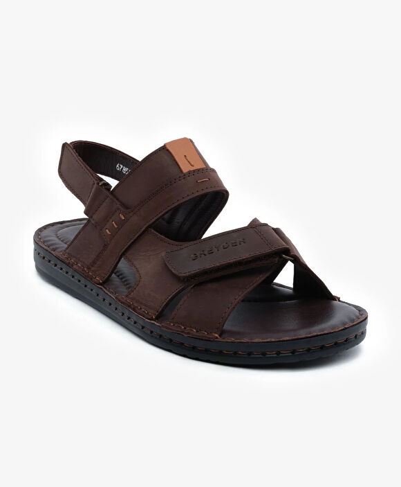 Erkek Kahverengi Hakiki Deri Sandalet